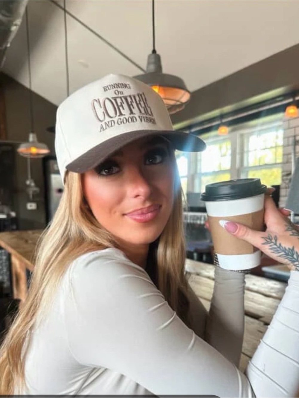 NWT C.C. Embroidered Two Tone Trucker Snap Hat “Running on Coffee & Good Vibes”
